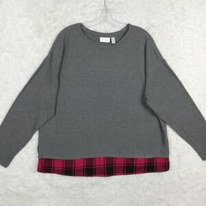 Place Womens Top Blouse Waffle Knit‎ Gray Red Plaid Trim Long Sleeve Plus XXL
